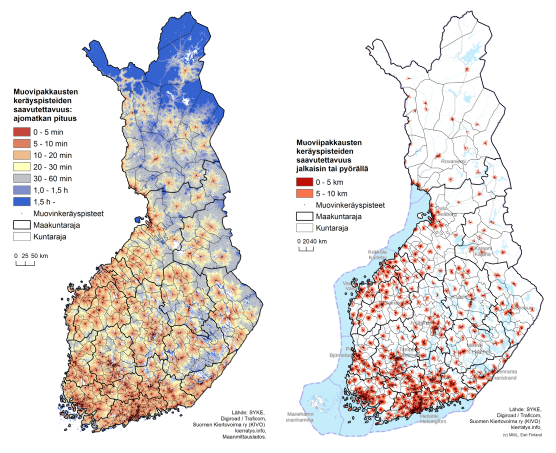 Muovinkeräyspisteet Suomen kartalla ja saavutettavuus ajomatkan mukaan, jalkaisin tai pyörällä